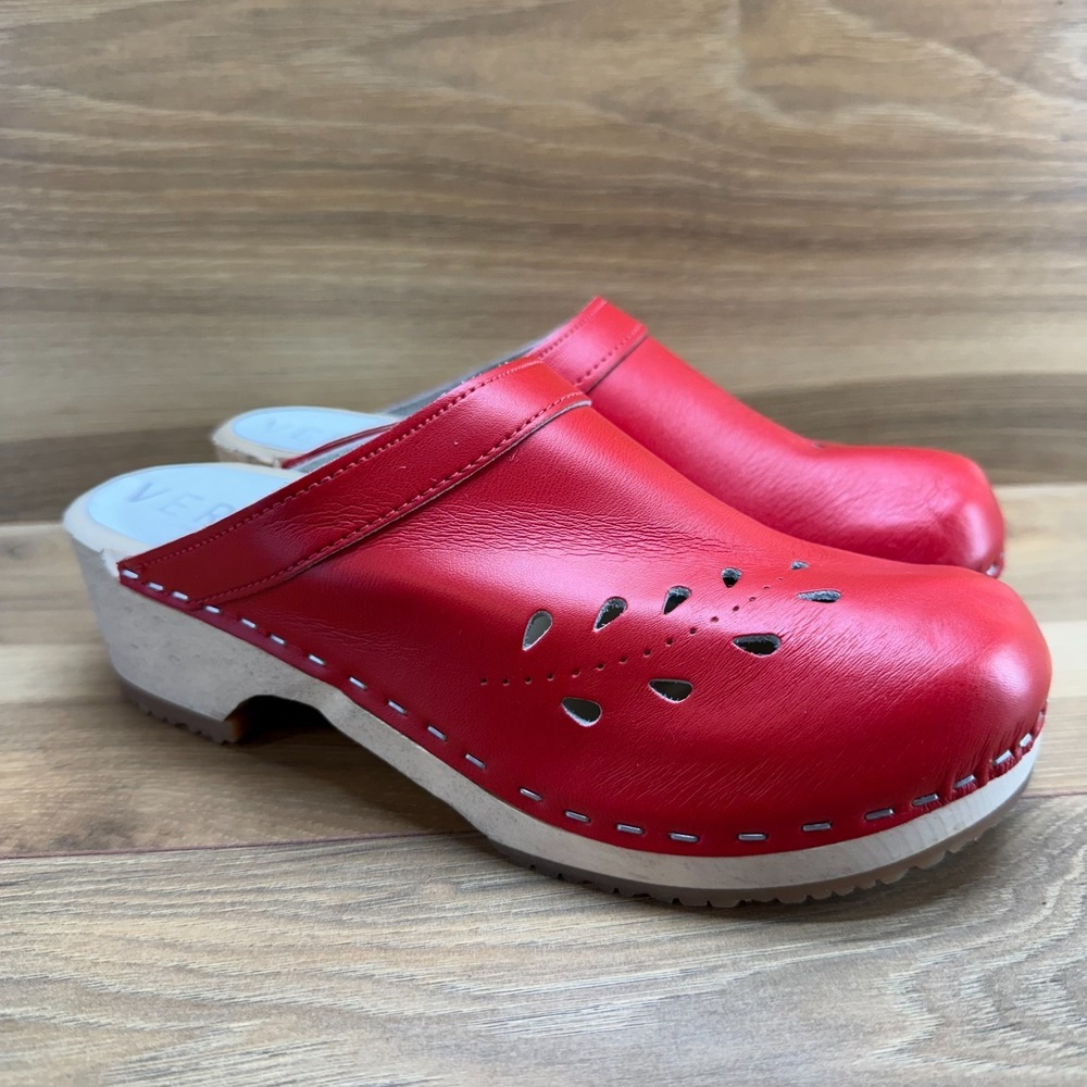 VERKA Blomma Clogs Womens 6 6.5 EU 37 Red Leather Slip On Wooden Cottagecore - Picture 2 of 12
